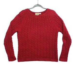 LL Bean Cable Knit Sweater Womens Large Reg. Red Cotton Raglan Sleeve Pullover